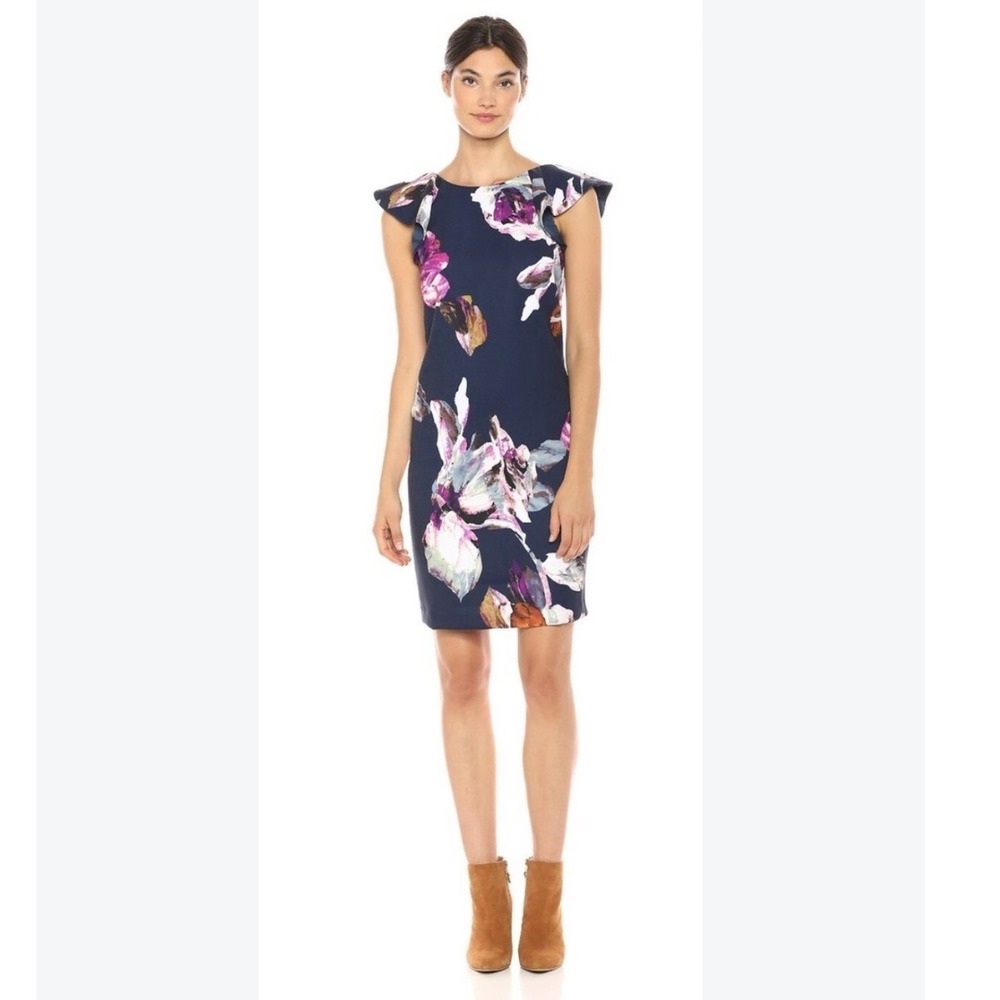 Trina Turk Navy Blue Jasey Floral Ruffle Sleeve Shift Dress Medium Wedding Guest